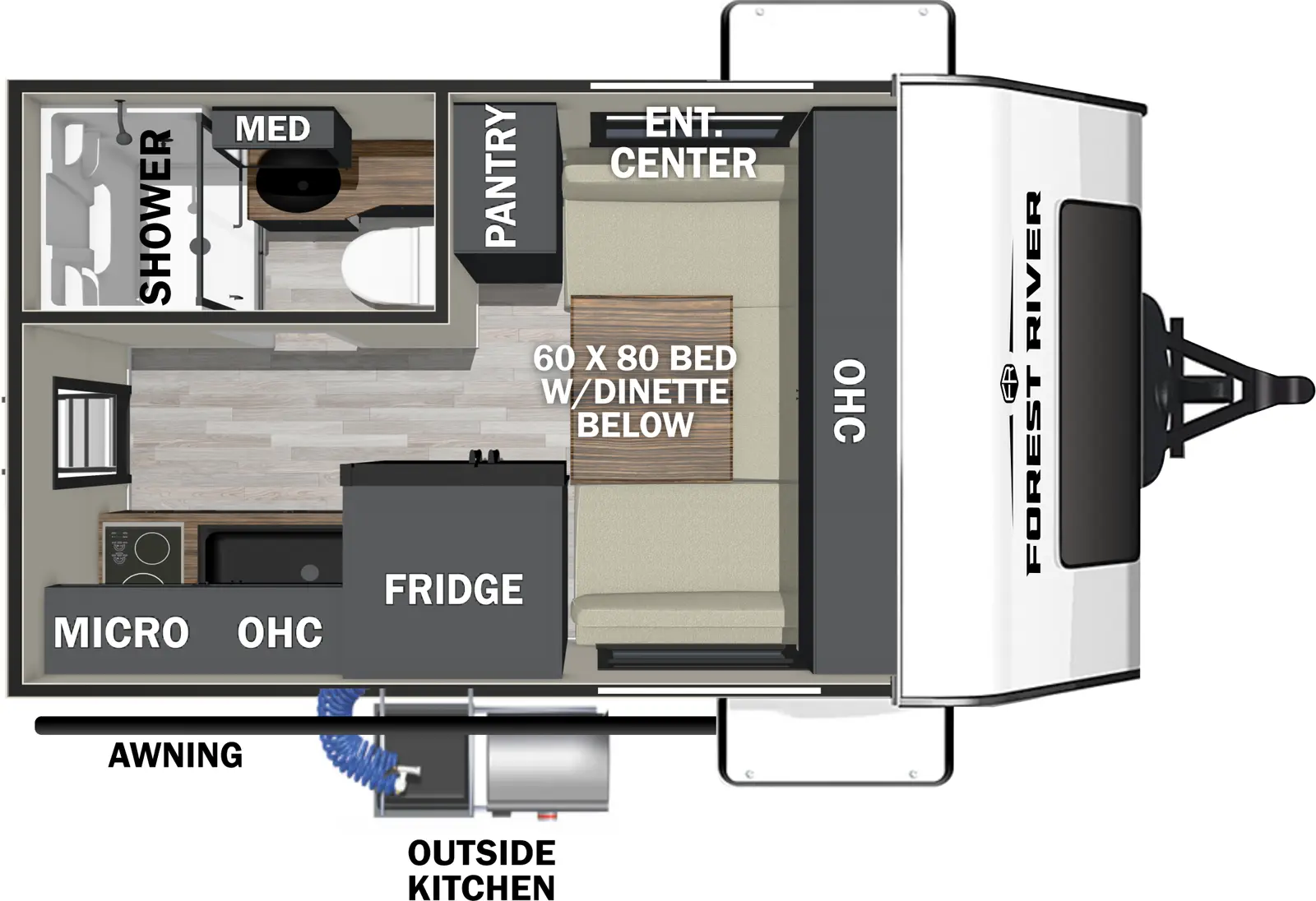 The Ibex 16RKB floorplan has one entry and zero slide outs. Exterior features include: fiberglass exterior and outside kitchen. 